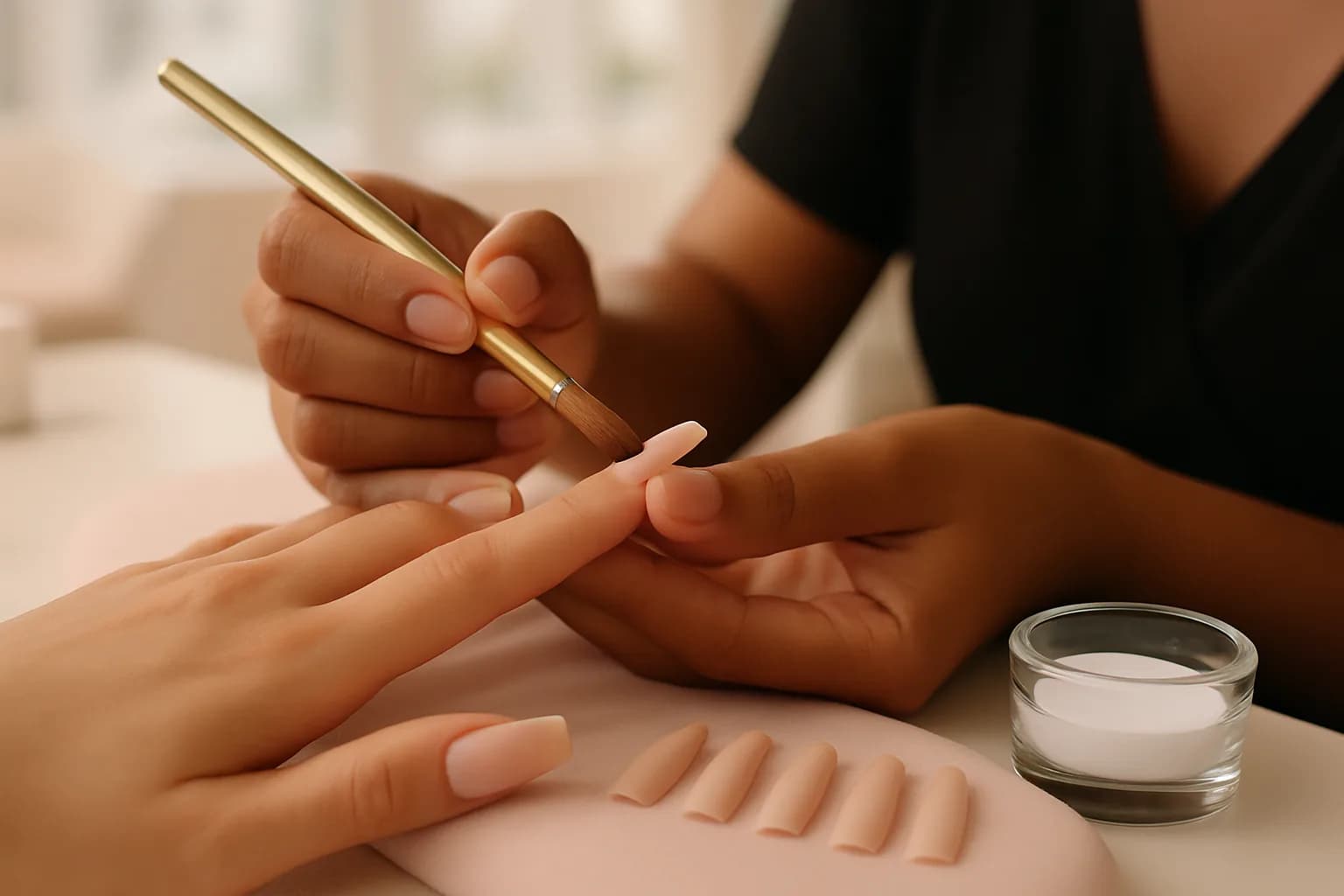 Illustrative photograph of a technician applying acrylic to a nail with a brush