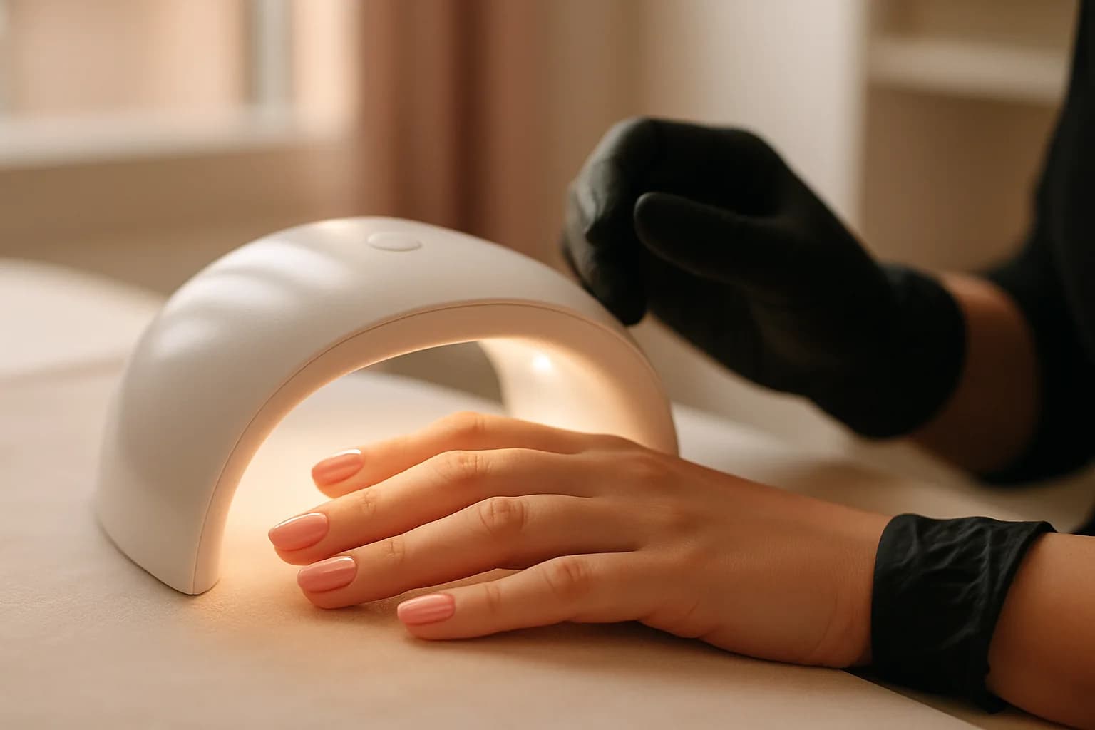 Illustrative photograph of a hand under a gel nail lamp with glossy pink polish