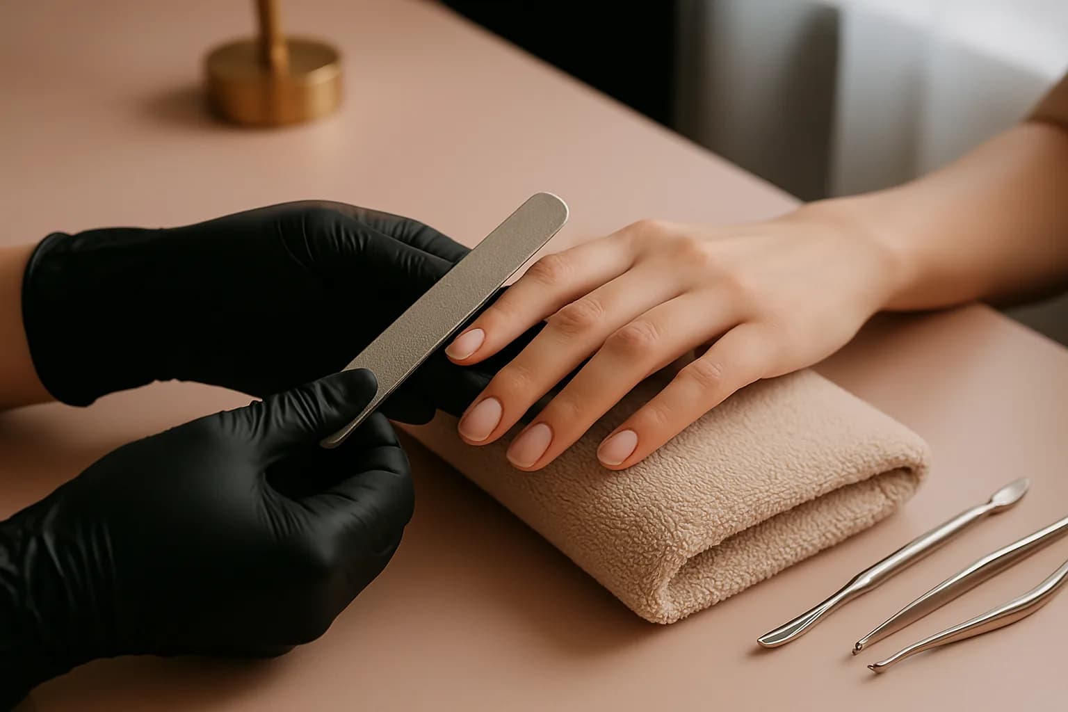 Illustrative photograph of a nail technician shaping a client's nails at a manicure table