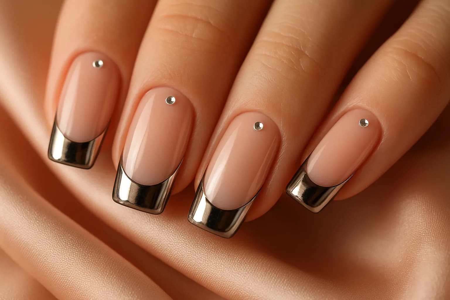 Illustrative close-up of French tips, chrome and small rhinestones on square nails
