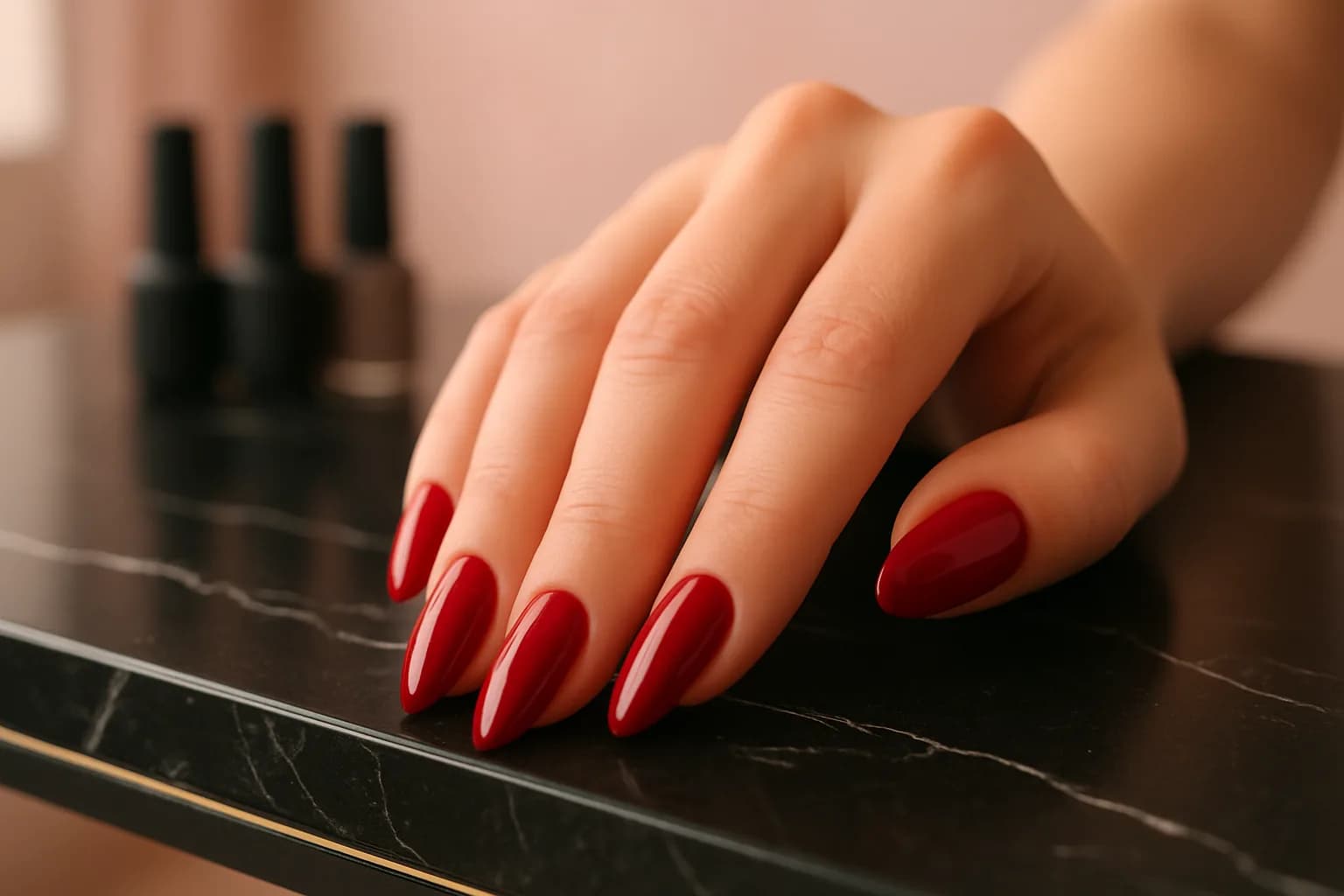 Illustrative photograph of a hand with glossy red almond nails on a black marble manicure table