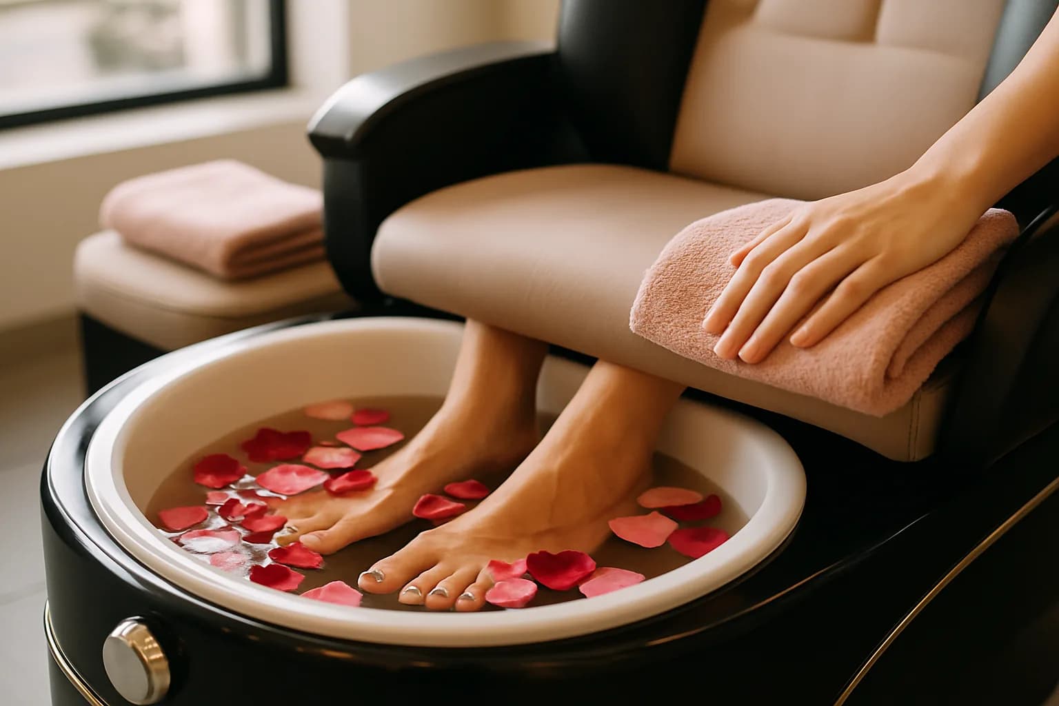 Illustrative photograph of feet soaking in a pedicure foot bath with floating petals