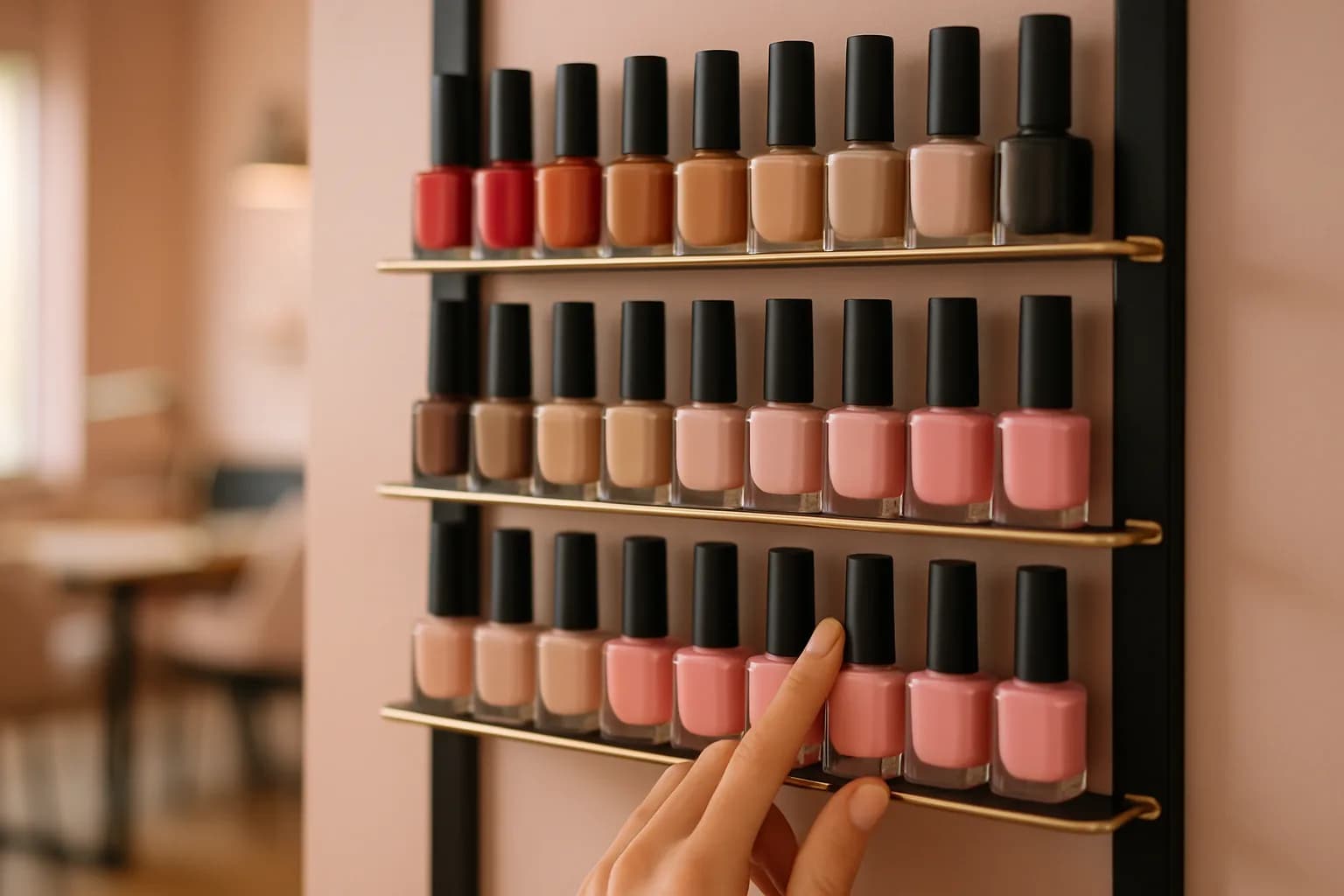 Illustrative photograph of a wall rack of nail polish bottles arranged by colour
