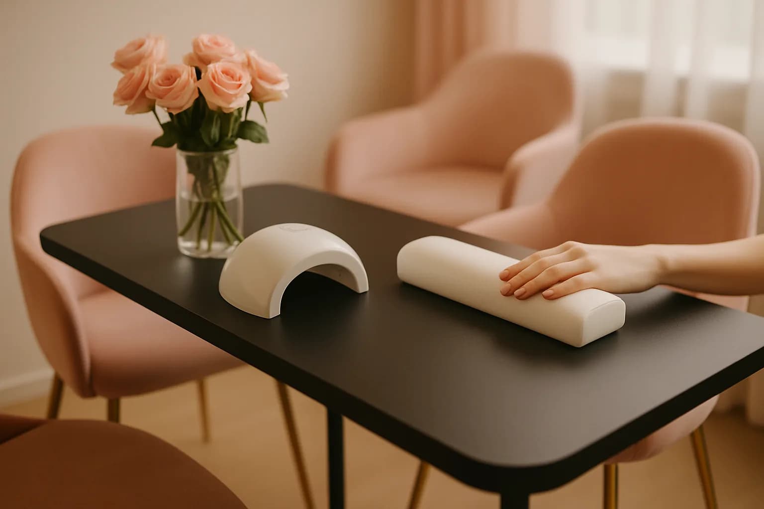Illustrative photograph of a clean nail salon station with a black table, blush chairs and roses